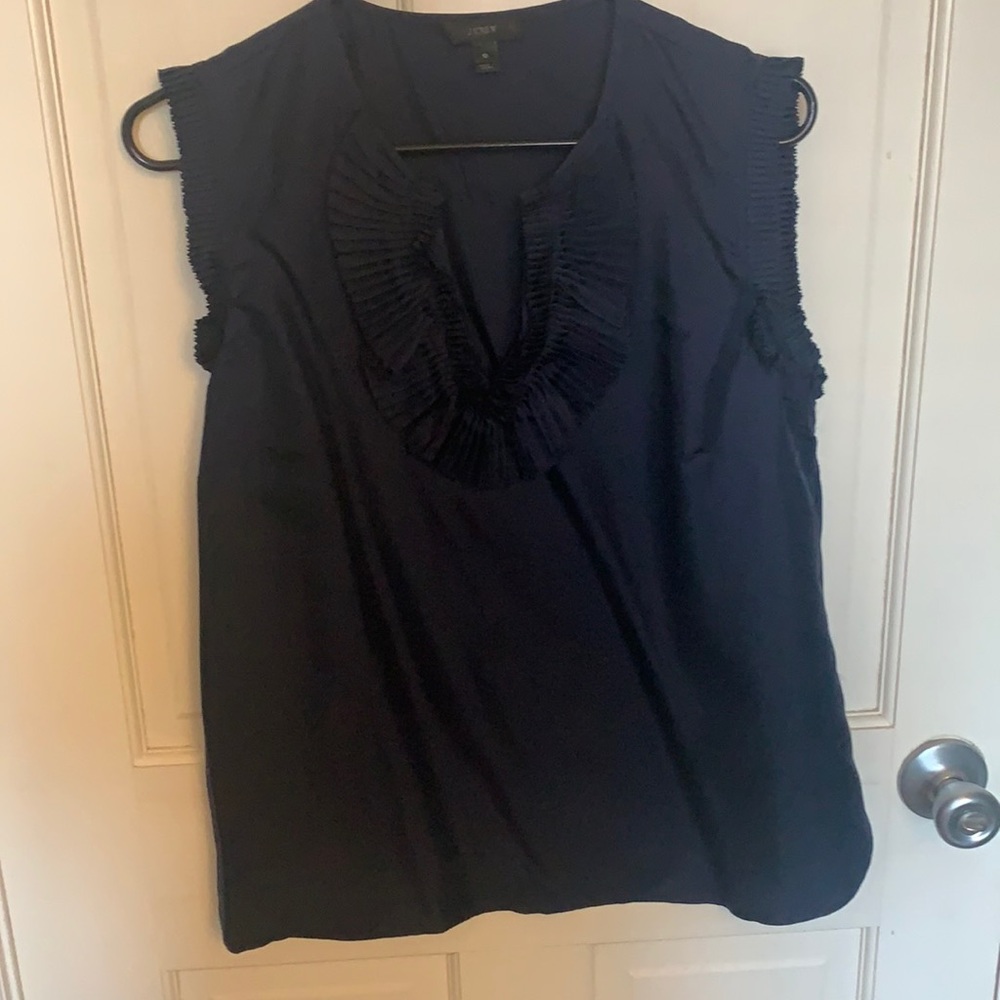 Jcrew silk navy top with ruffle neck and sleeve